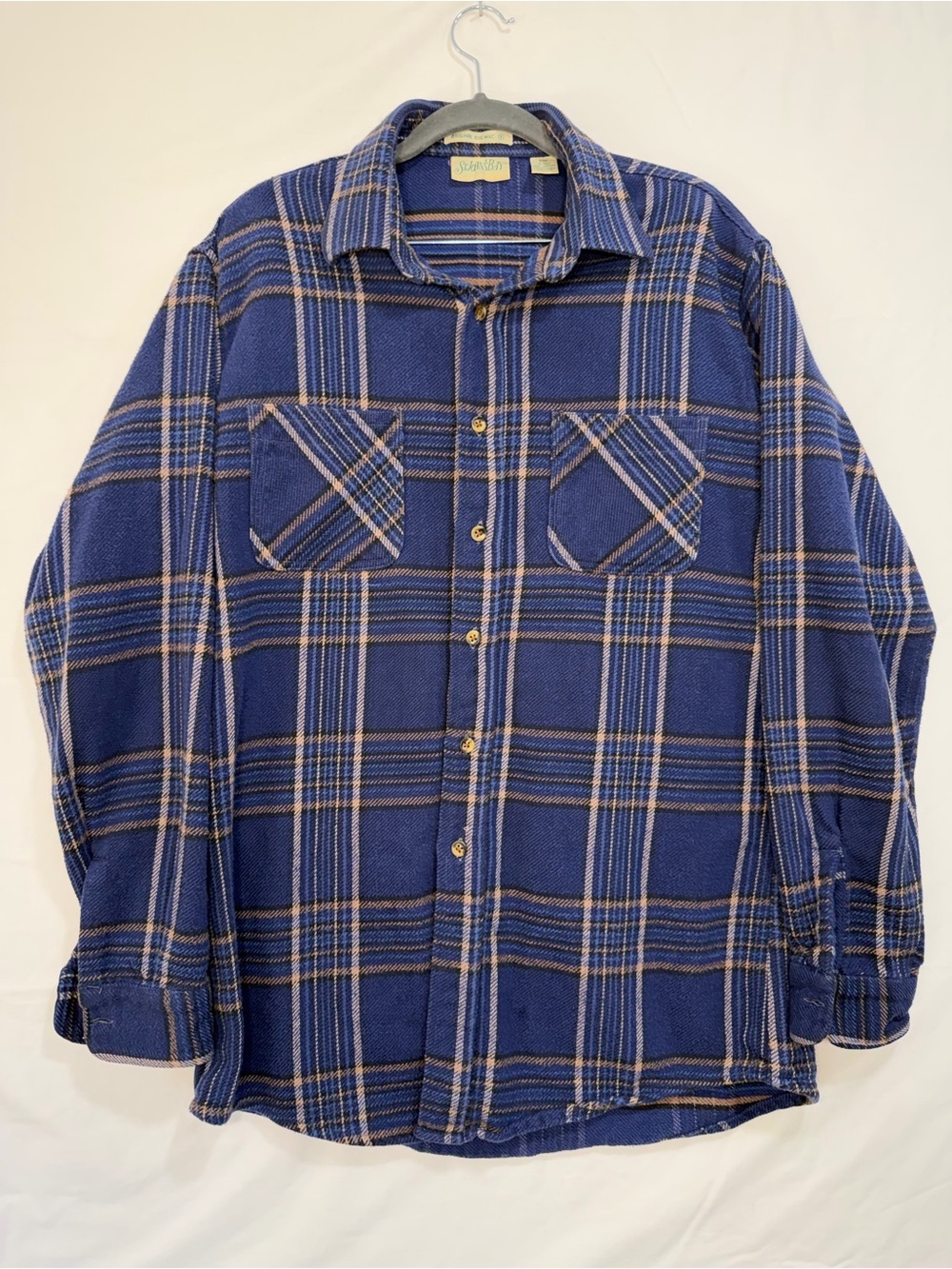 Vintage St Johns Bay Big Mac Flannel Shirt L Tall Blue Plaid Made Portugal